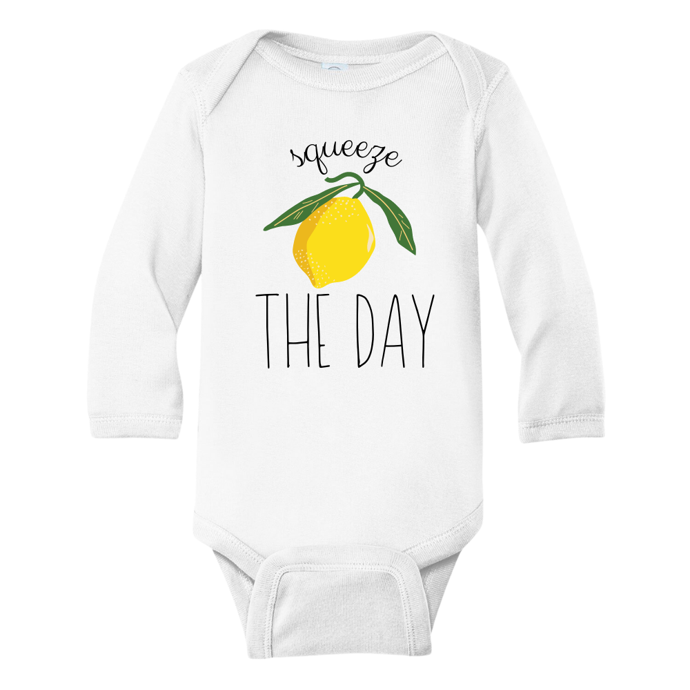 White Long Sleeve Baby Bodysuit with a cute lemon graphic and the text 'Squeeze The Day.' This vibrant design encourages seizing opportunities and embracing positivity