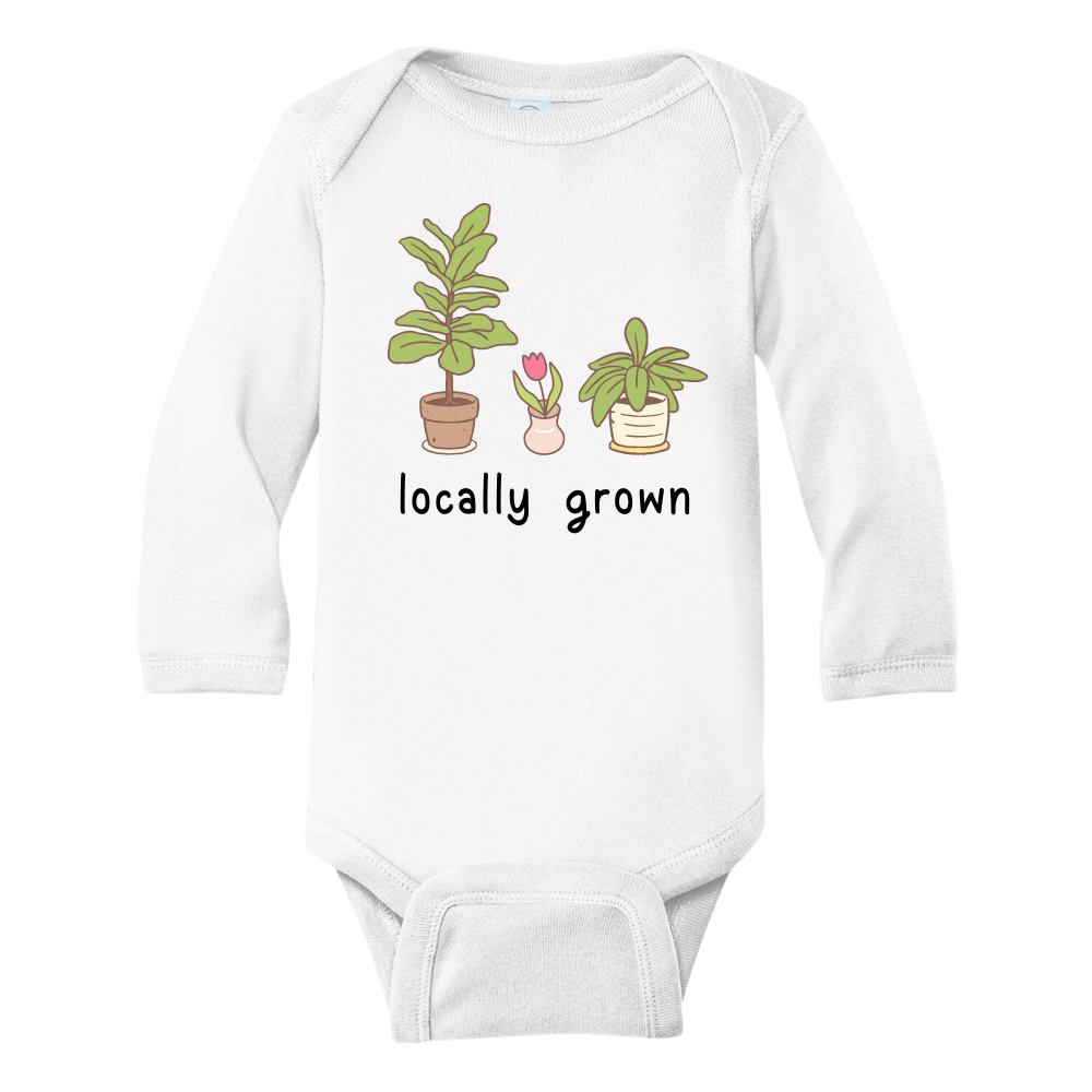Long Sleeve White Onesie with a succulent graphic and the text 'Locally Grown.' This design represents local pride and supports community spirit.
