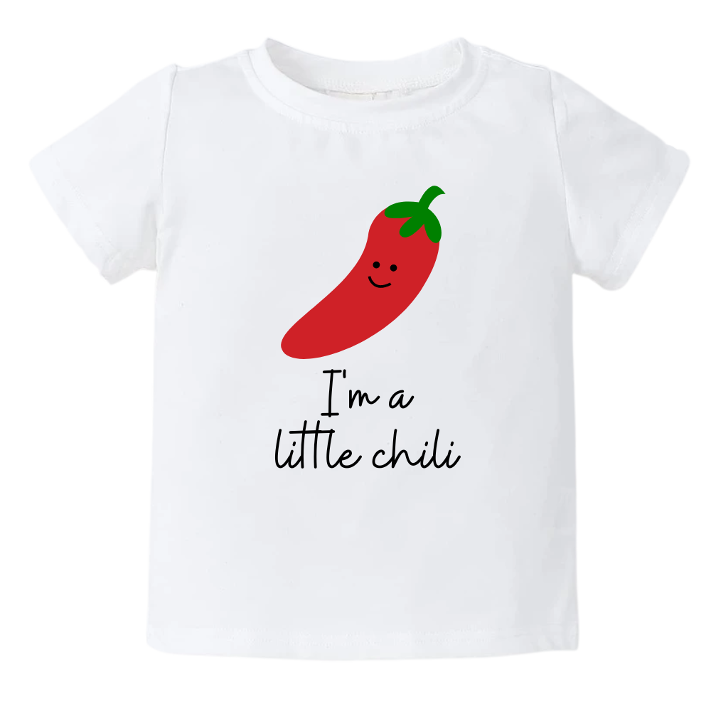 Kid's t-shirt featuring a playful printed graphic of a chili and the text 'I'm A Little Chili.' Explore this vibrant and fun tee, perfect for adding a touch of spice to your child's wardrobe. 