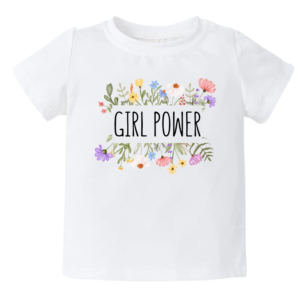 Kid's t-shirt featuring a captivating floral frame graphic and empowering text 'Girl Power.' Ideal for young girls celebrating confidence and strength. 