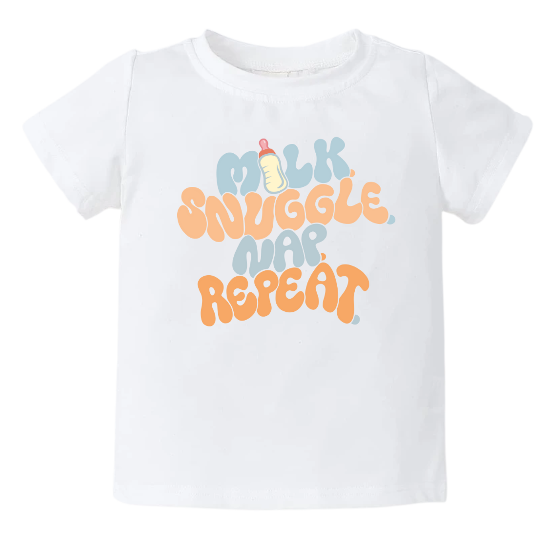 White Tshirt for Kid with a fun printed graphic and the text 'Milk Snuggle Nap Repeat.' This playful and cute design captures the essence of cozy and comforting moments. 