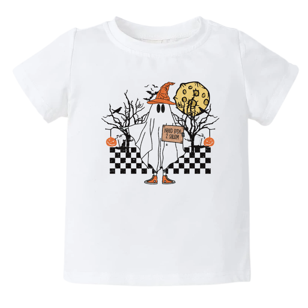 Kids t-shirt with a cute ghost graphic and the text 'Need Ride 2 Salem'. Ideal for Halloween outfits and spooky fun. Shop now for this adorable and humorous shirt for your child's wardrobe.
