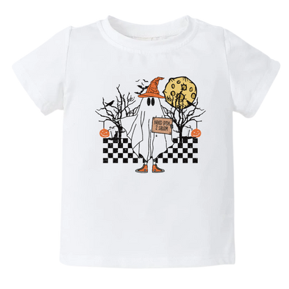 Kids t-shirt with a cute ghost graphic and the text 'Need Ride 2 Salem'. Ideal for Halloween outfits and spooky fun. Shop now for this adorable and humorous shirt for your child's wardrobe.