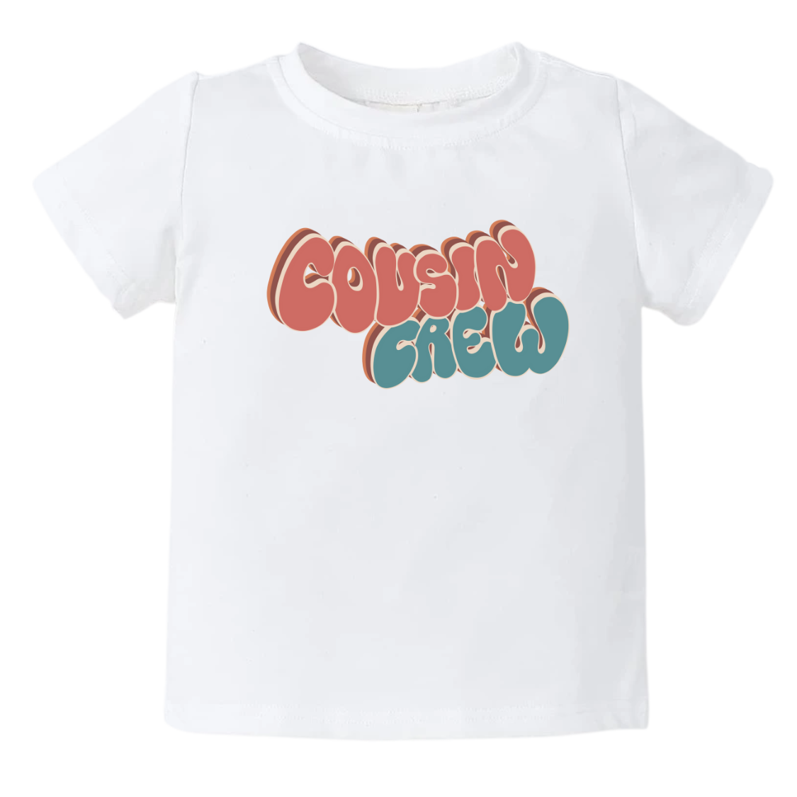 White Kid Tshirt with a groovy printed graphic and the text 'Cousin Crew.' This trendy and cool design celebrates the bond of cousins in a unique and stylish way. 