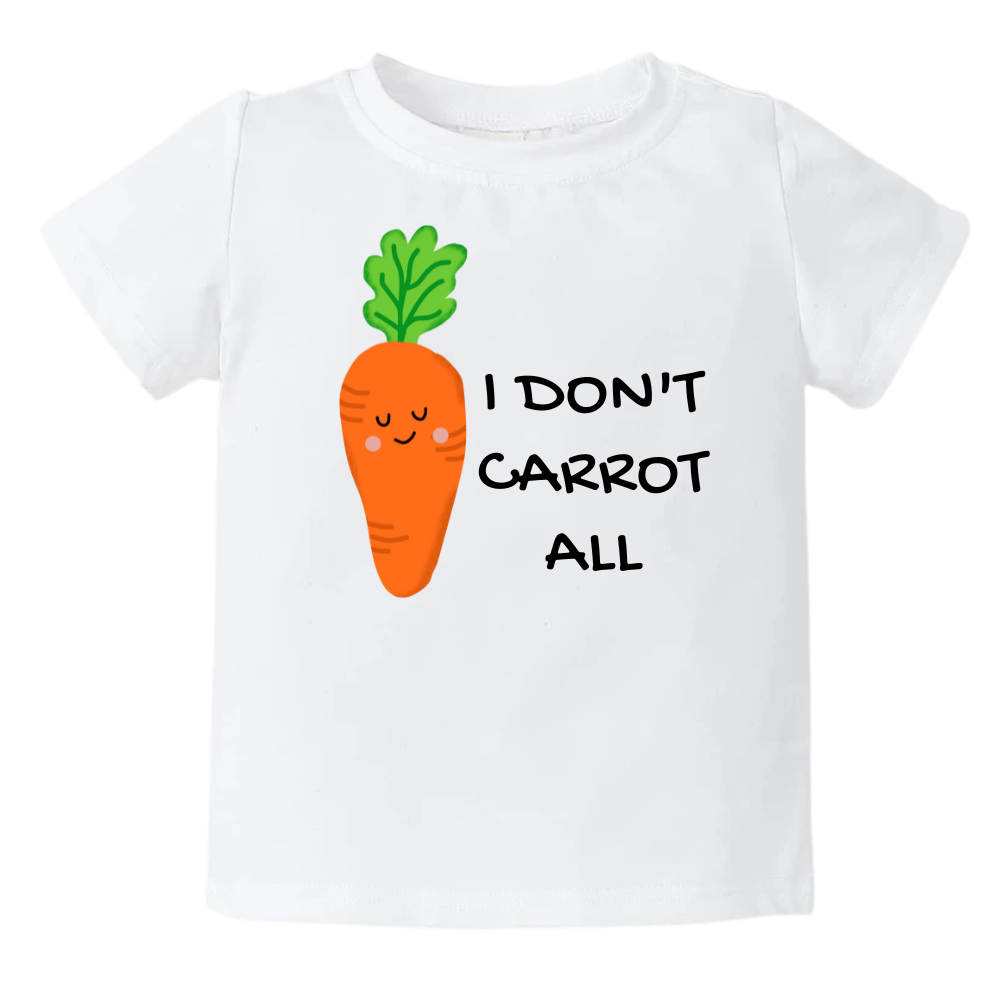White Toddler Tshirt with carrot graphic and 'I Don't Carrot All' text. Playful and trendy shirt for children's fashion