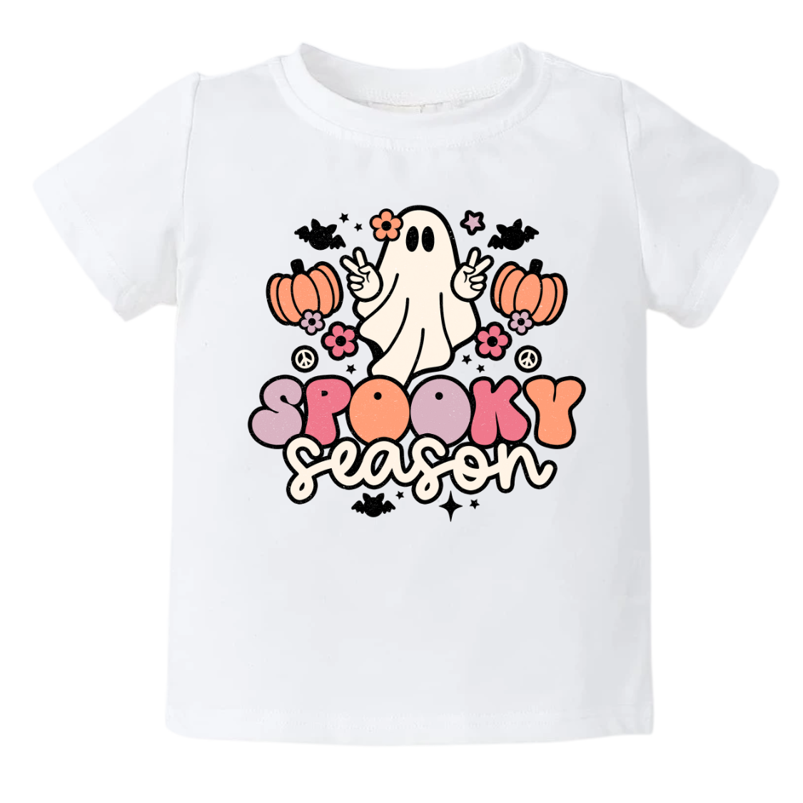 Kids' t-shirt with a cute ghost graphic and the text 'Spooky Season.' Perfect for Halloween outfits and festivities. Shop now and let your little one embrace the spirit of Halloween with this fun and festive tee!