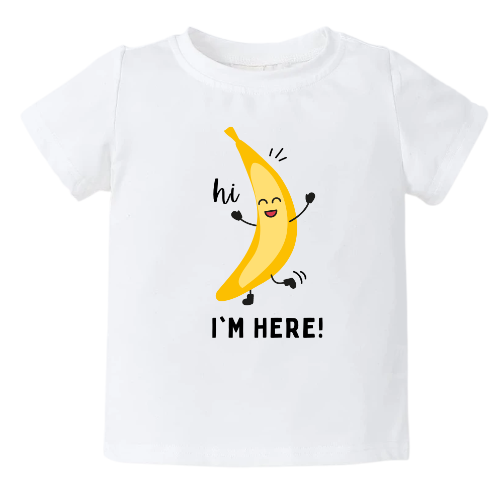 White Kids t-shirt with adorable banana graphic and 'Hi, I'm Here' text. Stylish and comfortable shirt for kids' fashion