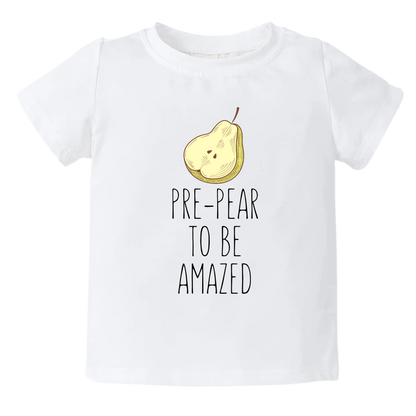 Kids t-shirt with adorable pear graphic and 'Pre-pear to be amazed' text. Unique and charming design for little ones.