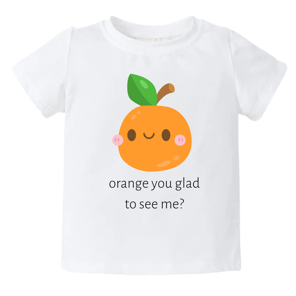 A kids' t-shirt with a charming graphic of a cute orange and the text 'Orange You Glad To See Me.' The design exudes a playful and lighthearted vibe, encouraging positivity and cheerful interactions. It's a delightful and expressive tee that brings joy to those who see it.