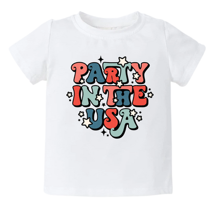A kids' t-shirt with the vibrant text 'Party in the USA' printed on it. The design captures the festive and patriotic spirit, making it perfect for celebratory occasions. Let your child join in the fun and showcase their love for partying with this eye-catching tee