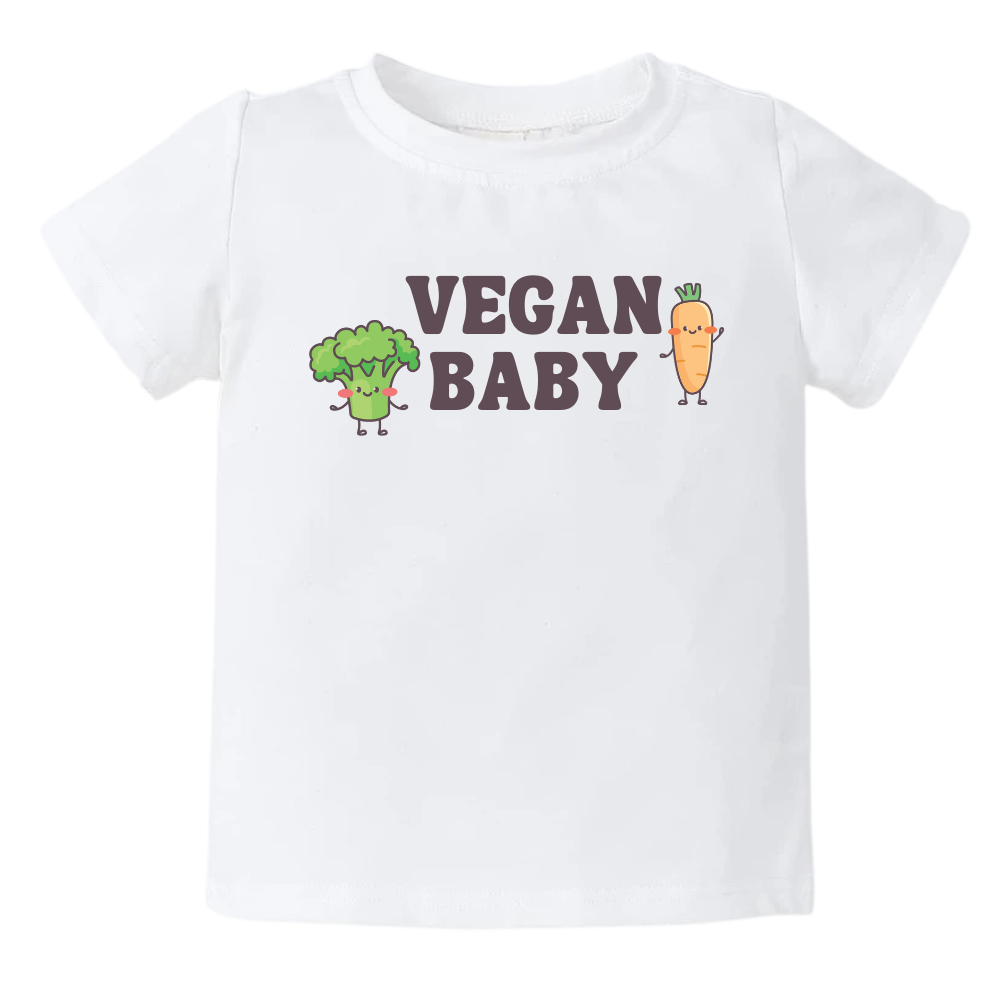Kid's t-shirt showcasing a fun printed graphic of a broccoli and carrot with the text 'Vegan Baby.' Explore this vibrant tee that promotes a healthy lifestyle for children.