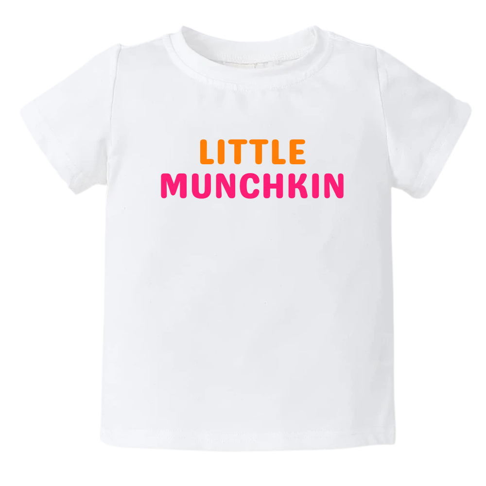 White Tshirt with the text 'little munchkin.' This adorable design adds a playful and endearing touch to your child's outfit.