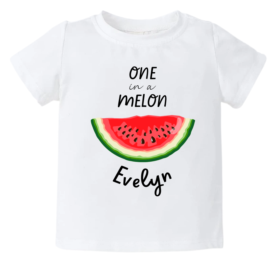 A delightful watermelon design on a kid's t-shirt and baby onesie, with the text 'On In A Melon.' The design can be personalized with customizable names, adding a touch of summer fun and sweetness to the outfit.
