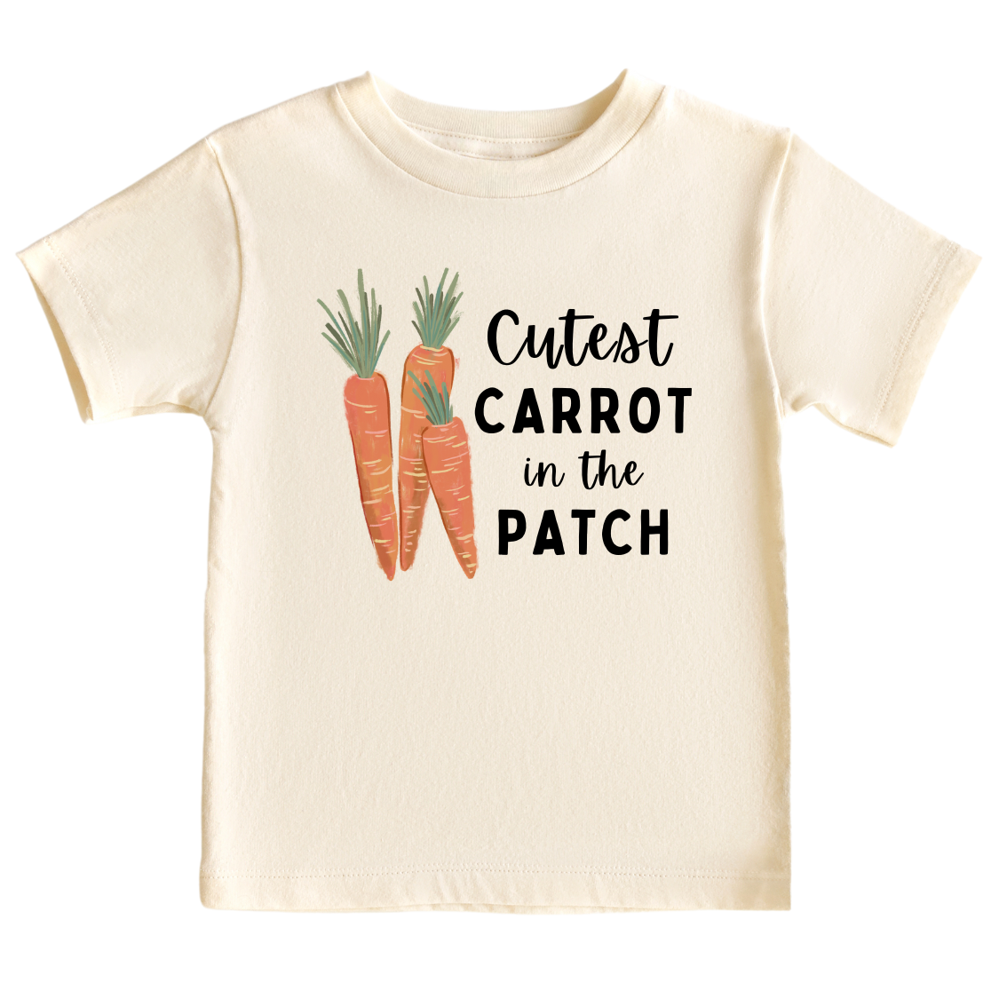 Kid's t-shirt - Cute carrot bunch graphic with 'Cutest Carrot in the Patch' text.