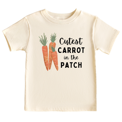 Kid's t-shirt - Cute carrot bunch graphic with 'Cutest Carrot in the Patch' text.
