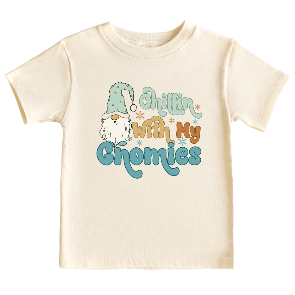 Natural Kids' t-shirt with a cute gnome graphic and the text 'Chillin with my Gnomies.' Playful and trendy design for stylish outfits.