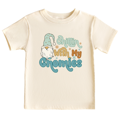 Natural Kids' t-shirt with a cute gnome graphic and the text 'Chillin with my Gnomies.' Playful and trendy design for stylish outfits.