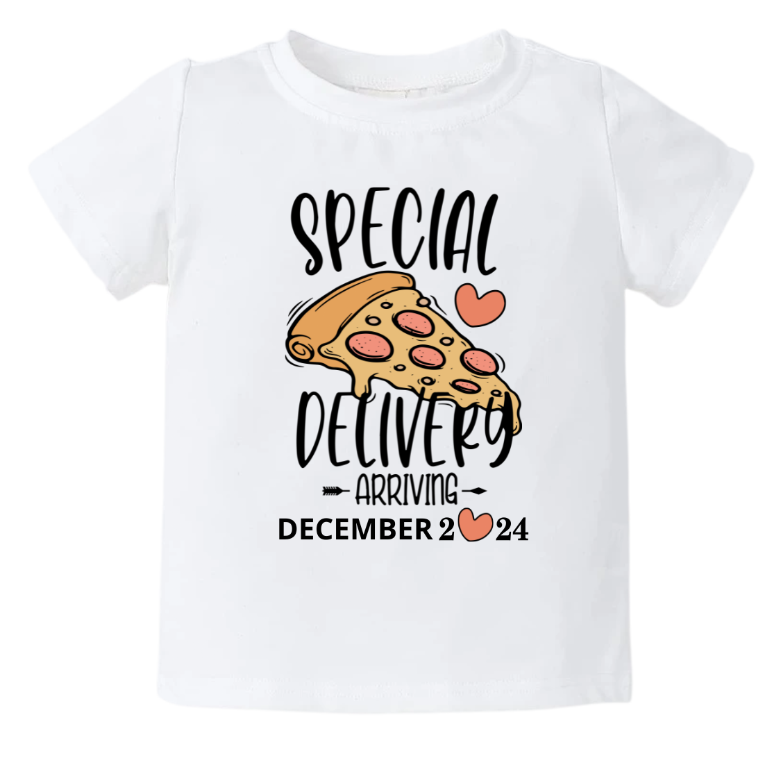 Kid Tshirt with pizza design and customizable 'Special Delivery' text for Baby Arrival dates.