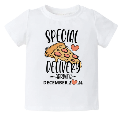 Kid Tshirt with pizza design and customizable 'Special Delivery' text for Baby Arrival dates.