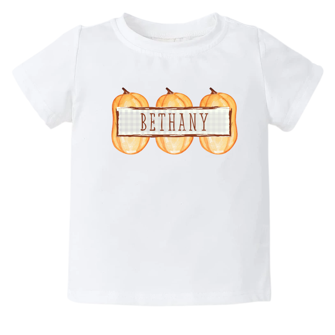 Kid's t-shirt with a cute pumpkin frame design, customizable with names.