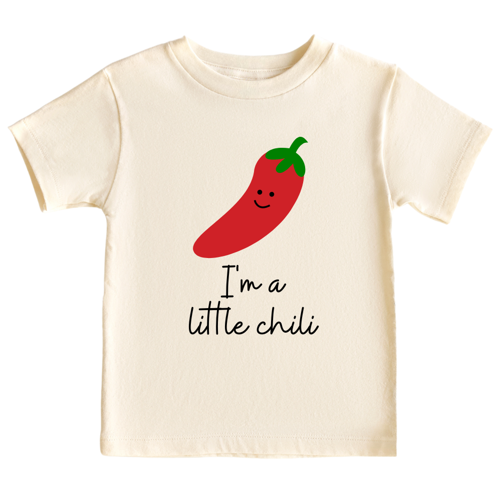 Natural Kid's t-shirt featuring a playful printed graphic of a chili and the text 'I'm A Little Chili.' Explore this vibrant and fun tee, perfect for adding a touch of spice to your child's wardrobe. 