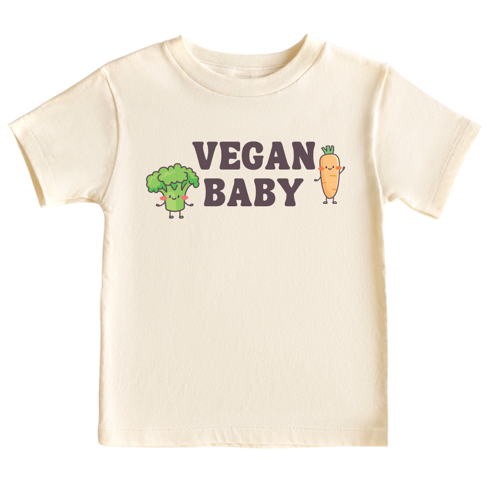 Natural Kid's t-shirt showcasing a fun printed graphic of a broccoli and carrot with the text 'Vegan Baby.' Explore this vibrant tee that promotes a healthy lifestyle for children.