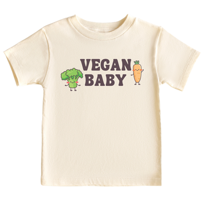 Natural Kid's t-shirt showcasing a fun printed graphic of a broccoli and carrot with the text 'Vegan Baby.' Explore this vibrant tee that promotes a healthy lifestyle for children.
