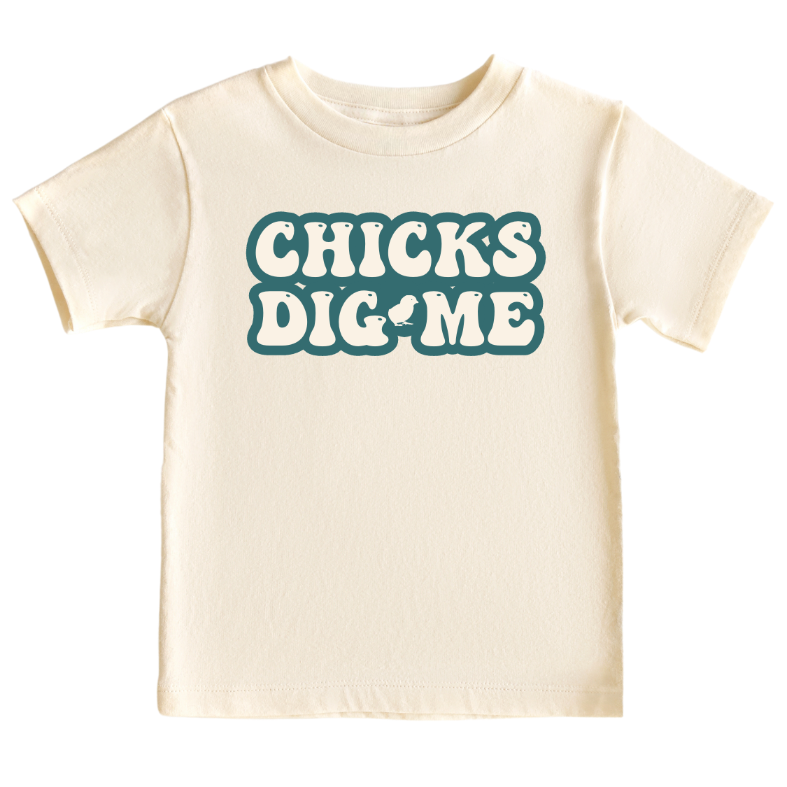 Natural Kid's t-shirt featuring a cute and eye-catching printed graphic of bold green text saying 'Chicks Dig Me.' Embrace your child's charm and confidence with this playful tee.