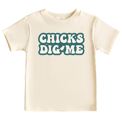 Natural Kid's t-shirt featuring a cute and eye-catching printed graphic of bold green text saying 'Chicks Dig Me.' Embrace your child's charm and confidence with this playful tee.