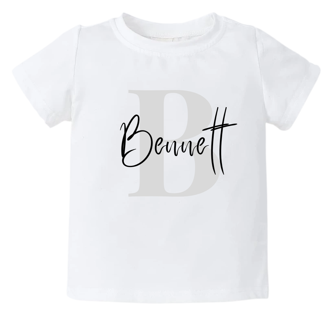 Kid Tshirt with grey initial design and customizable name.