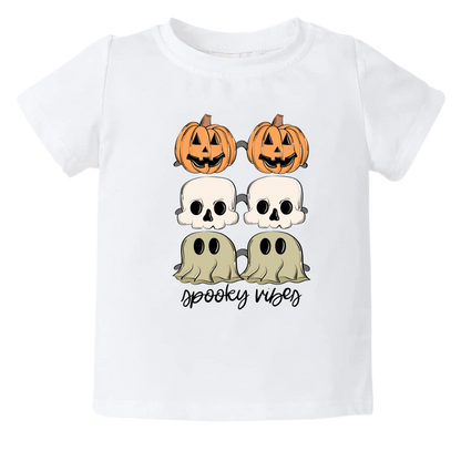 Kid's t-shirt with a cute Halloween icons design and 'Spooky Vibes' text.