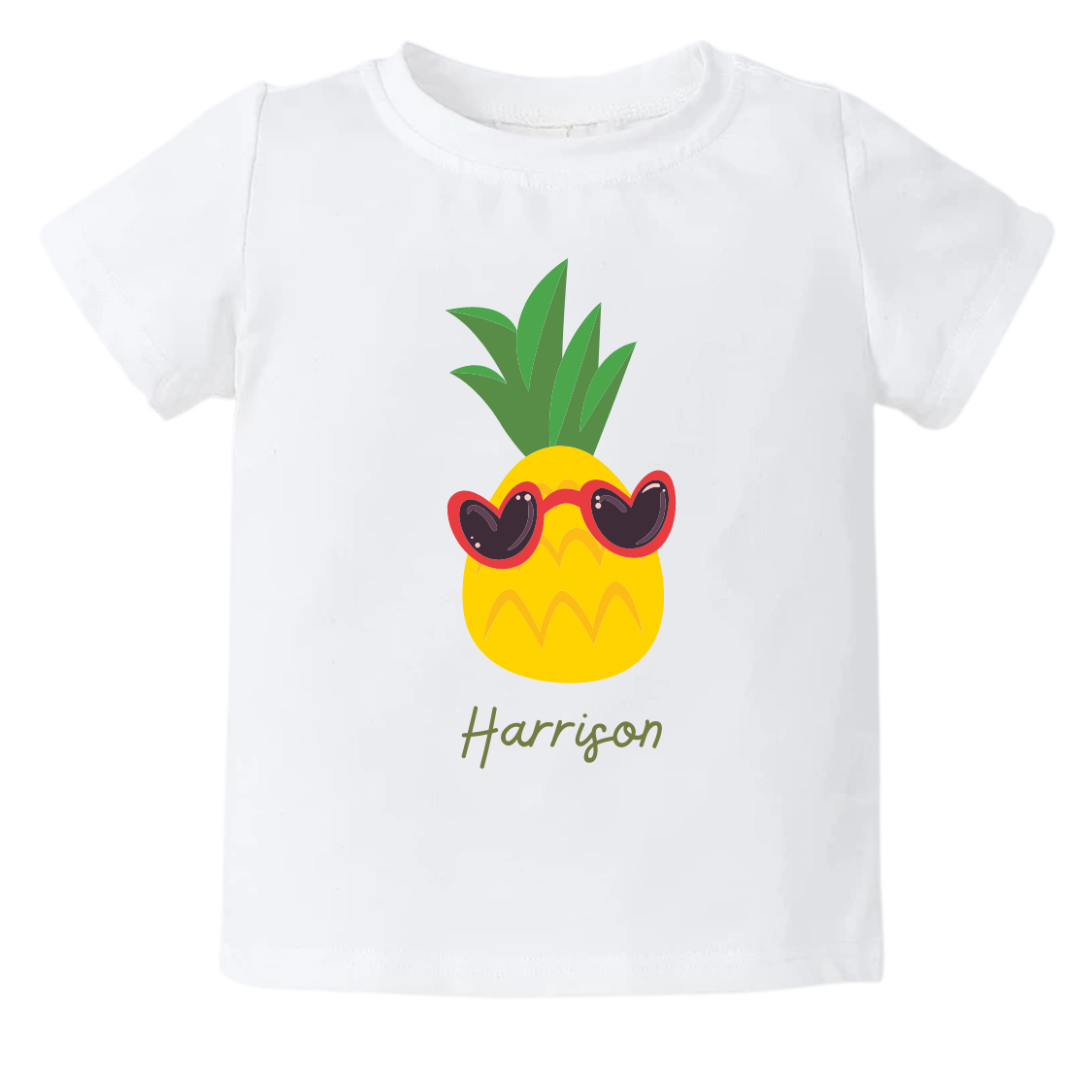 A charming pineapple design on a kid's t-shirt and baby onesie. The design can be personalized with customizable names, adding a touch of tropical vibes to the outfit for sunny days and cute moments.