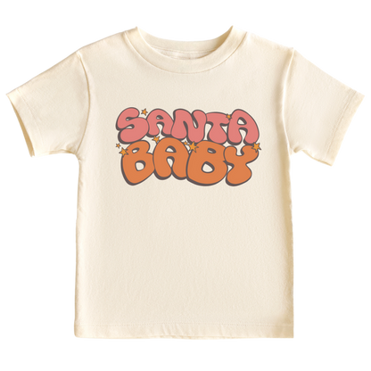 Beige Kid Tshirt with a retro printed graphic and the text 'Santa Baby.' This festive and charming design is perfect for the Christmas season.