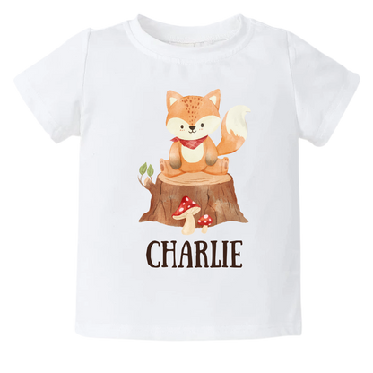 A delightful fox design on a kid's t-shirt and baby onesie, perfect for nature enthusiasts. The design can be personalized with customizable names, adding a touch of charm and creating cherished memories with your little one.