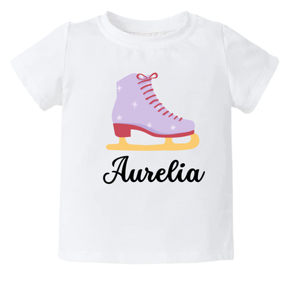 Kid Tshirt with cute ice skating shoe design and customizable name.