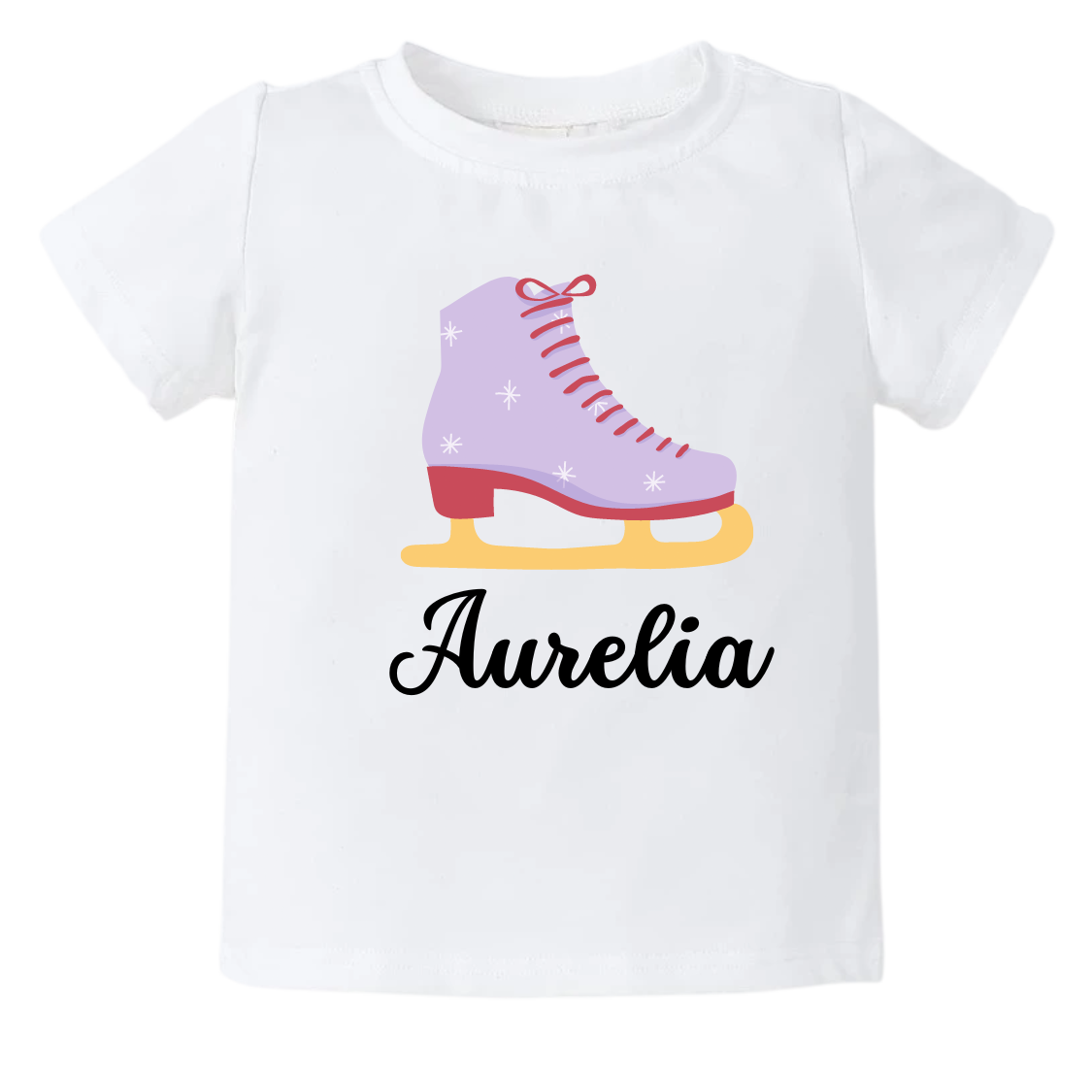 Kid Tshirt with cute ice skating shoe design and customizable name.