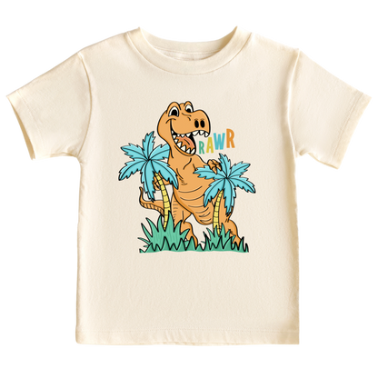 Natural Kid's t-shirt with a cute dinosaur graphic and the text 'Rawr'.