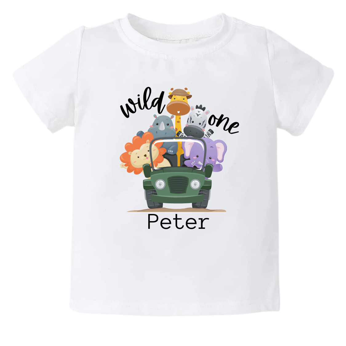 Kid's t-shirt and baby onesie with cute car and animals design, perfect for little adventurers.