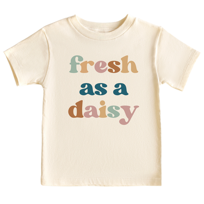 Natural kids' t-shirt with a colorful graphic of the text 'Fresh as a daisy.' This vibrant design adds a cheerful and trendy touch to your child's outfit.