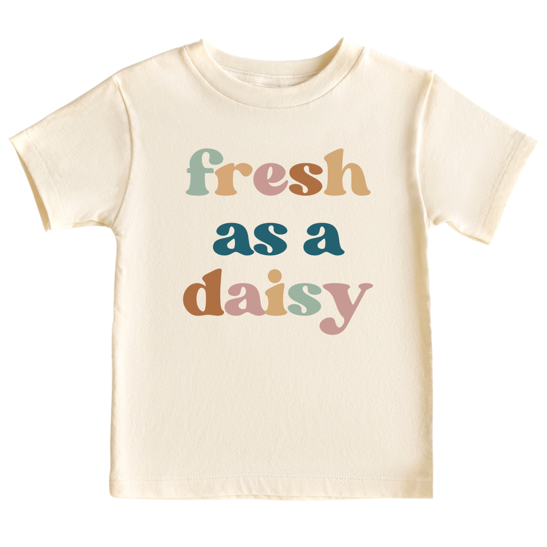 Natural kids' t-shirt with a colorful graphic of the text 'Fresh as a daisy.' This vibrant design adds a cheerful and trendy touch to your child's outfit.