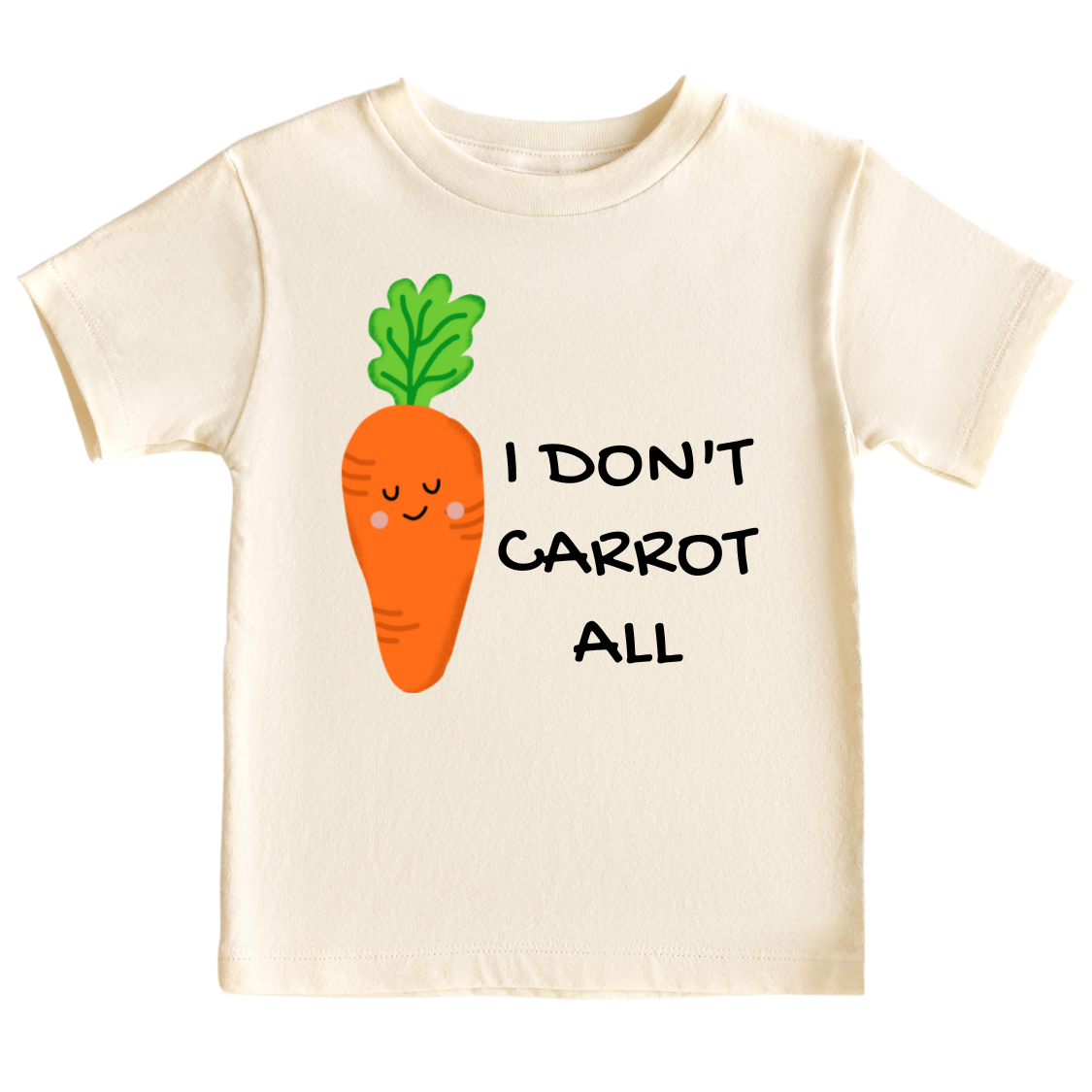 Kids t-shirt with carrot graphic and 'I Don't Carrot All' text. Playful and trendy shirt for children's fashion