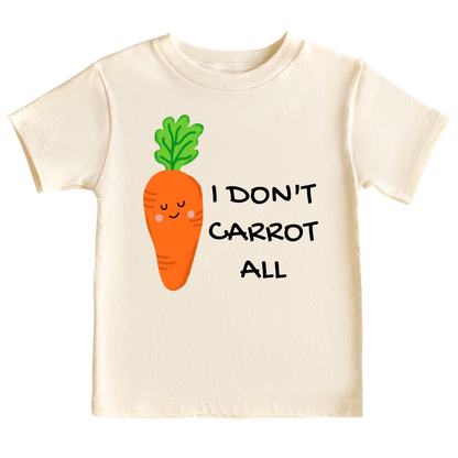 Kids t-shirt with carrot graphic and 'I Don't Carrot All' text. Playful and trendy shirt for children's fashion