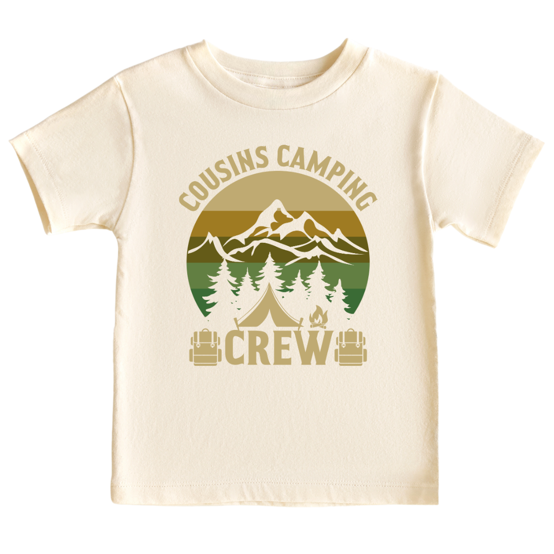Natural Kid Tshirt with a camping-themed printed graphic and the text 'Camping Cousin Crew.' This adventurous design celebrates the bond of cousins on camping trips. 