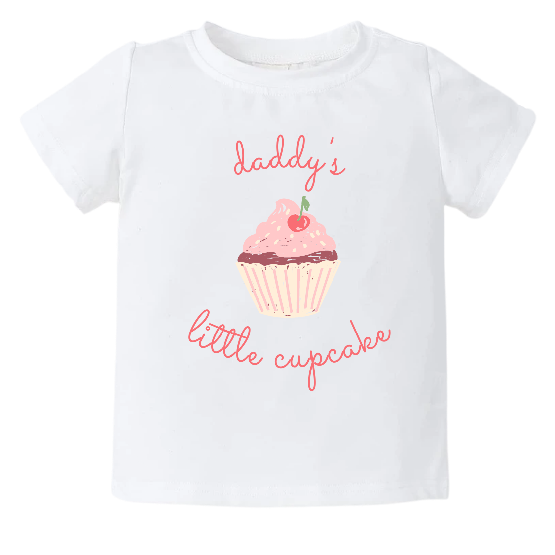Cute cupcake graphic print with customizable text - 'Daddy's Little Cupcake' on a kid t-shirt and baby onesie. High-quality and vibrant design for adorable children's clothing. Perfect gift option.