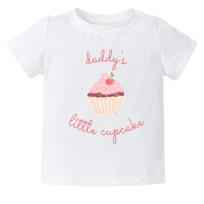 Cute cupcake graphic print with customizable text - 'Daddy's Little Cupcake' on a kid t-shirt and baby onesie. High-quality and vibrant design for adorable children's clothing. Perfect gift option.
