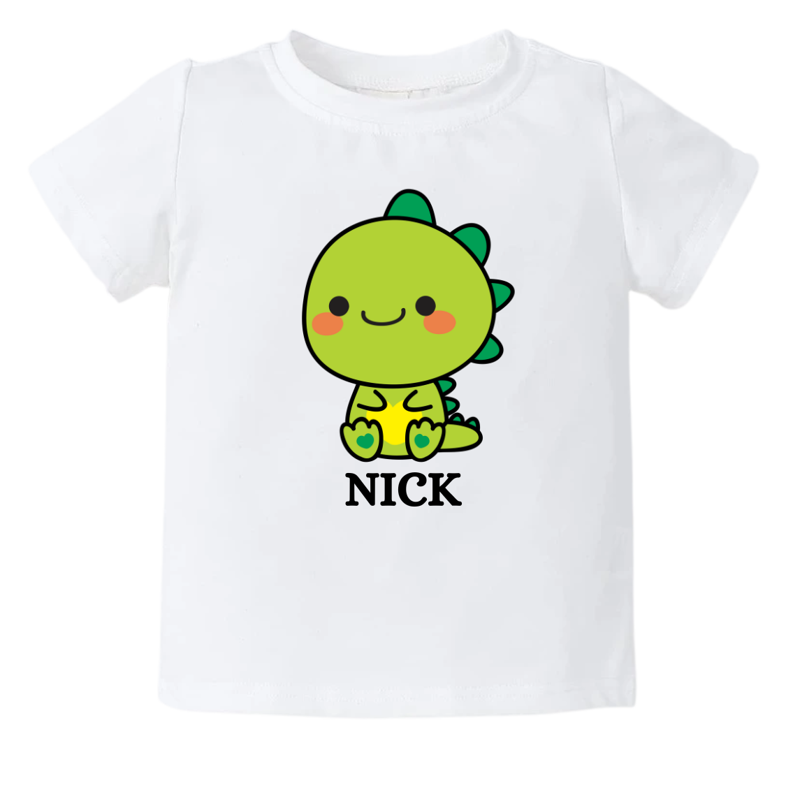 Kid's t-shirt and baby onesie with cute dinosaur design, customizable with names for a personal touch.