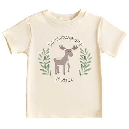 Kid's t-shirt with a retro moose design and 'Na-Moose-Ste' text, customizable with names.