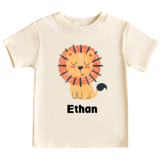 A delightful lion design on a kid's t-shirt and baby onesie, perfect for little explorers. The design can be personalized with customizable names, adding an adorable touch to the outfit and creating cherished memories.