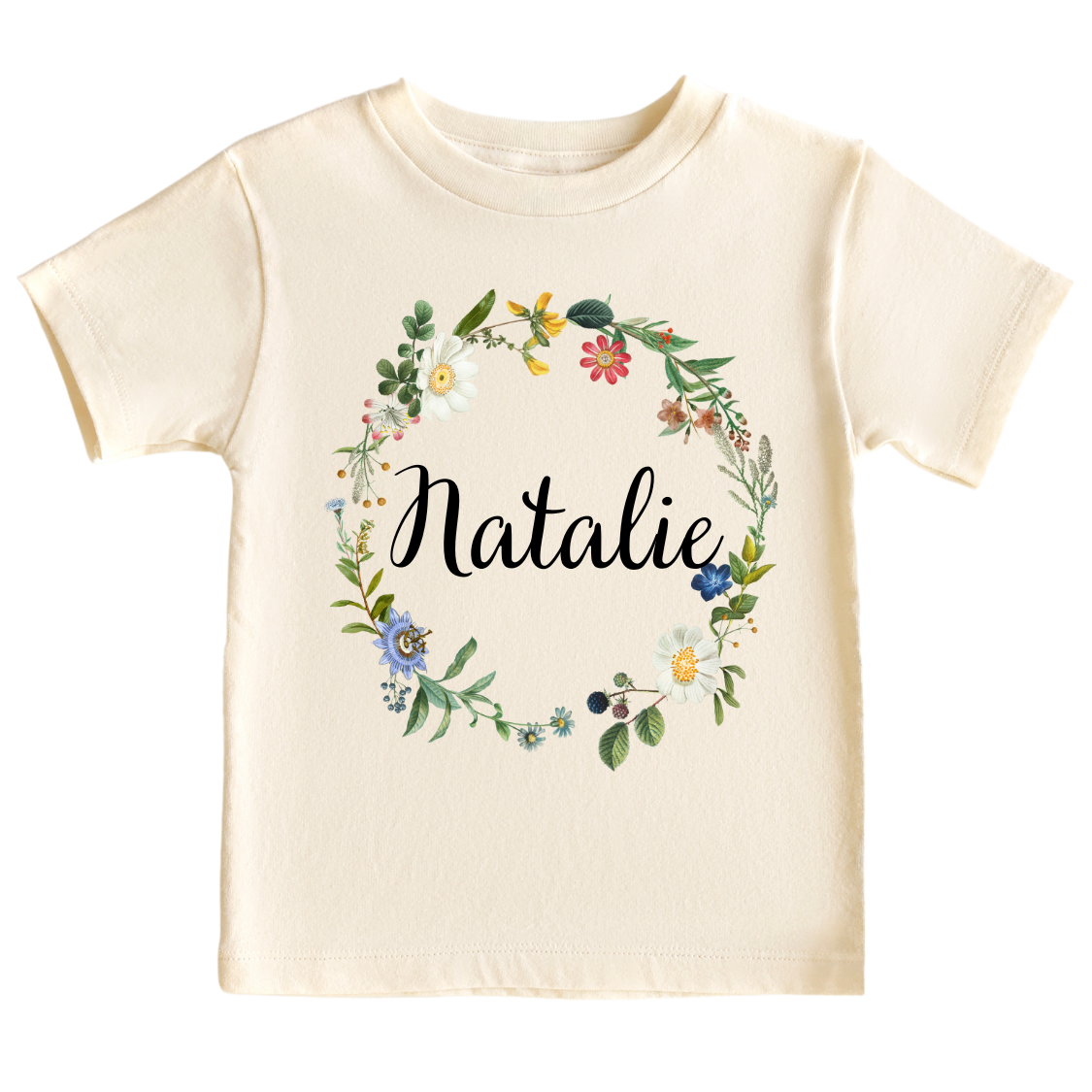 Kid Tshirt with cute floral wreath design and customizable text 'Name'.