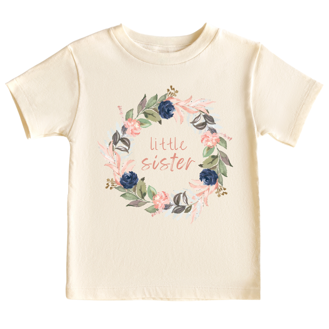 Natural kid's t-shirt with a cute printed graphic of a floral wreath and the text 'Little Sister.' This adorable t-shirt celebrates the arrival of a precious little sister.